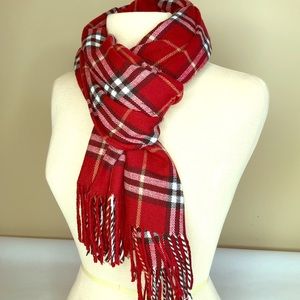 Deep red plaid fringe scarf